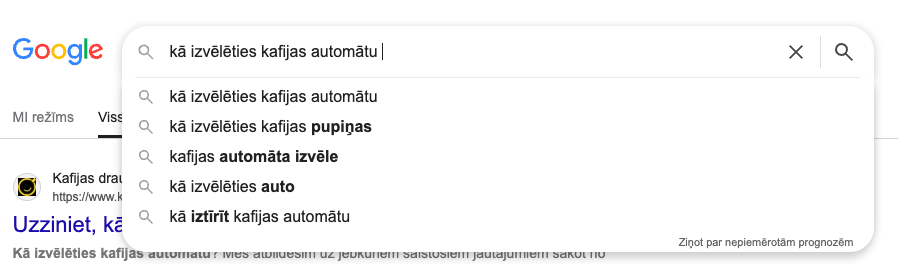Google meklējums - kā izvēlēties kafijas automātu